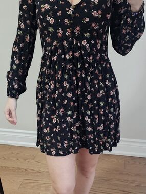Black Floral Button-Front Mini Dress